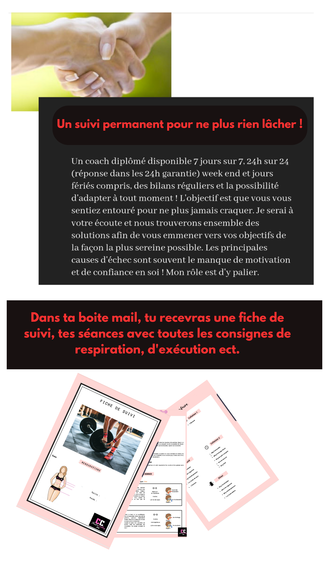 Dans ta boite mail, tu recevras une fiche de suivi, tes séances avec toutes les consignes de respiration, d'exécution ect et un programme nutritionnel si souhaité.-2